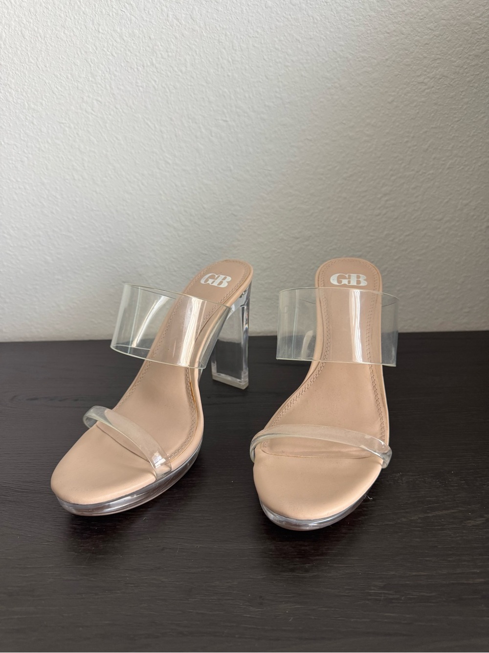 Gianni Bini Clear Strap Beige Block Heel Mules